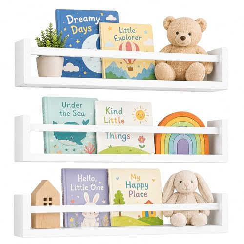 Nursery Shelves Set of 3, 16.5 Inch Baby Floating Book Shelves, White | Wood Wall Mounted Kids Book Shelves for Baby Books, Toys, Nursery Decor, Playroom and Children's Room Storage