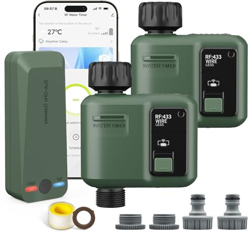 2 Pcs WiFi Water Timer 1 Zone for Garden Hose, Smart Sprinkler Timer with 984ft RF Range, Smart Lawn Watering System Irrigation Controller, APP/Voice Control, Rain Delay, Automatic/Manual Irrigation