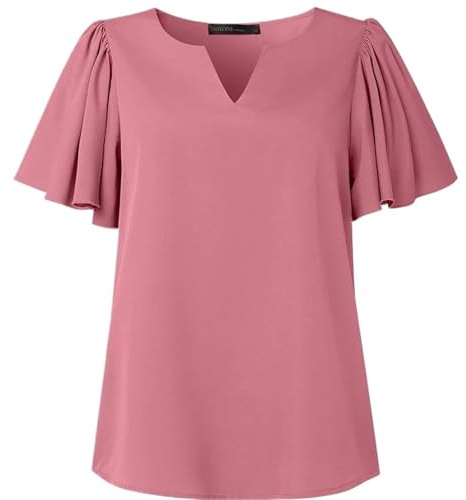 UJEDFHV Volangblus för kvinnor, avslappnade sommarblusar för kvinnor, V-ringad, volangärm, vardaglig klädsel, enfärgad, eleganta toppar för damer för fest, rosa, XL