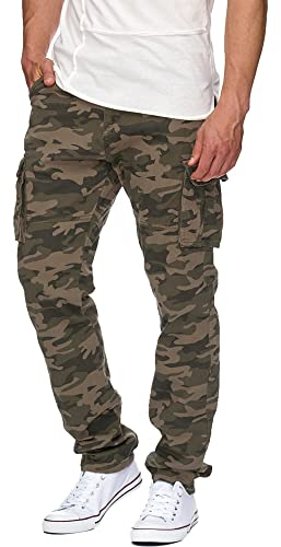 Indicode Herren William Cargohose aus Baumwolle m. 7 Taschen inkl. Gürtel | Outdoorhose Dired Camouflage, XXL