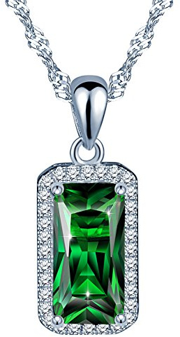 Yumilok Jewelry Collier d'émeraude en argent 925 et cristal synthétique vert Le rectangle classique orné zircon Bijou élégant Cadeau Noël pour femme fille