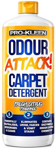 Pro-Kleen Odour Attack Pet Carpet Cleaner Shampoo 1L Contains Active Enzymes to Digest Urine Proteins from Dogs Cats Humans, Eliminates Urine, Faeces & Vomit Stains, Citrus