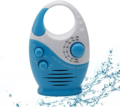 Shower Radio, Bathroom Radio AM FM, Waterproof Hanging Shower Radio Adjustable Volume Blue