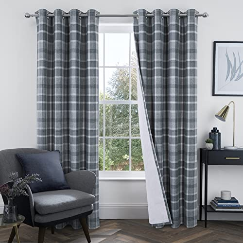 always4u 100% Blackout Curtains Check Eyelet Curtain Bedroom Plaid Woven Brushed Cheque Pair of Highland Woolen Look Window Treatment for Living Room Grey 66 * 72 Inches