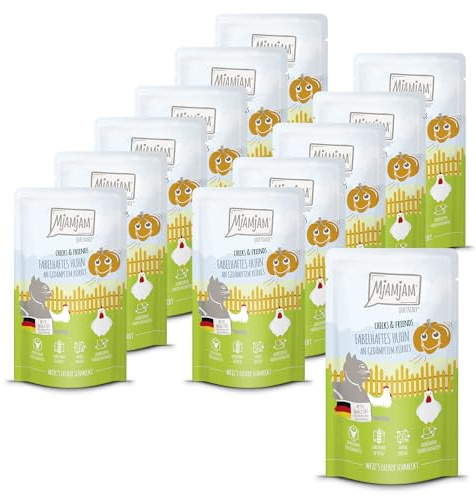 MjAMjAM - Premium Nourriture Humide pour Chats - Quetschie - Chicks & Friends Fabuleux Poulet à la Citrouille Cuite à la Vapeur, Paquet de 12 (12 x 125g), sans céréales