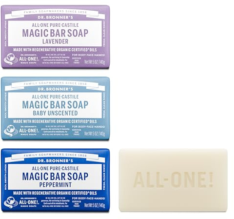Dr. Bronner's Pure-Castile Magic Bar Soap- Made with Regenerative Organic Certified Oils- For Face, Body, Hair, Vegan Soap Bars for Men & Women- Variety 3-Pack, Peppermint Lavender, Unscented