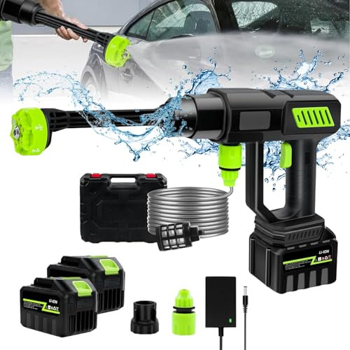 21V Nettoyeur Haute Pression, 980PSI Nettoyeur Haute Pression sans Fil Buse 6 en 1, Tuyau De 5m, Pistolet Haute Pression pour Jardin, Voiture (2 Batteries 1 Chargeur)
