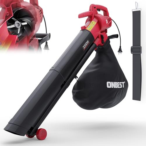 ONBEST 3 in 1 Elektro Laubbläser – Gebläse, Sauger & Häcksler – 3200 Watt Elektro Motor – elektrischer Laubsauger mit Metall Häckselrad – inkl. Tragegurt – Laubgebläse, Laubsauger Elektro für Laub