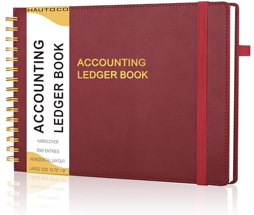 HAUTOCO Hardcover Accounting Ledger Book for Small Business Bookkeeping Horizontal Money Expense Tracker Notebook with 2 Storage Pouch, Personal Columnar Log Journal 10.78 x 8'', Cherry Red