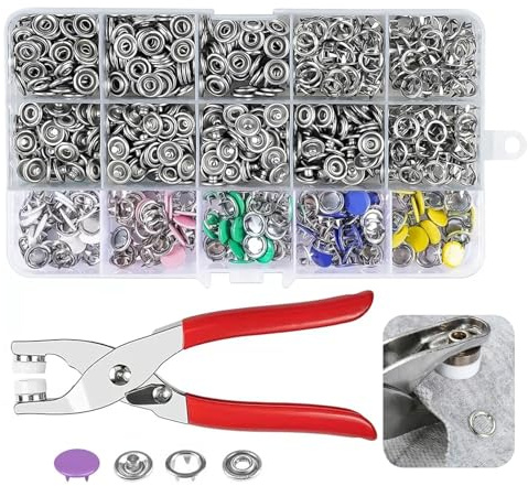 Press Studs Snap Fasteners, 200 Sets Poppers Fasteners with Fastener Pliers Metal Snap Fasteners Press Studs, 9.5mm Snap Fastener Kit for DIY Clothing Bags Handmade