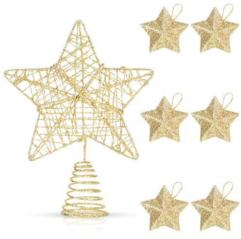 Yaunming Étoile de sapin de Noël en fer - 17 cm - Décoration d'étoile dorée - Avec 6 pendentifs en forme d'étoile à cinq branches - Pour arbres de Noël et décorations festives