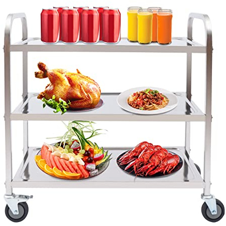 MIUKYUI Carro de servicio de cocina de 3 pisos, acero inoxidable, plegable, negro, resistente, con ruedas y freno de pie, capacidad de 120 kg, para restaurante, bar, hotel, taller, hogar