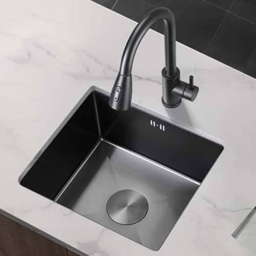 Lavello a sifone a vasca singola in acciaio inox con rubinetto, compatto, per ristorante e bar, facile da pulire, nero, 42 x 35 x 21 cm, design salvaspazio