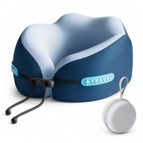 Komodo Travel Almohada de Viaje para Cuello con Espuma Viscoelástica, Cojín Cervical Ergonómico en Forma de U con Cordón Ajustable, Funda Rígida de Transporte y Portátil para Avión, Coche y Tren