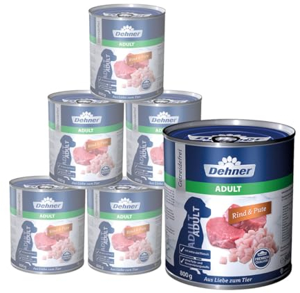 Dehner Premium Hundefutter, Nassfutter getreidefrei, für ausgewachsene Hunde, Rind / Pute, 6 x 800 g Dose (4.8 kg)