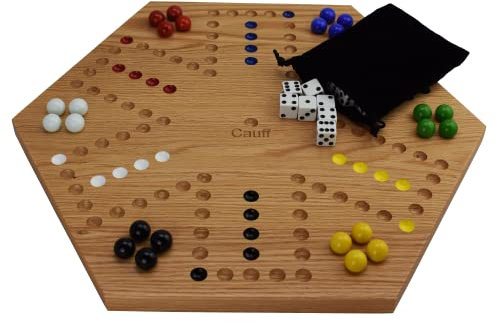 Cauff 20 Inch Solid Oak Double-Sided Marble/Wahoo Board Game with Hand-Finished and Hand-Painted Oak, Glass Marbles, Velvet Bag, 4 and 6 Player Sides - Premium Family Game