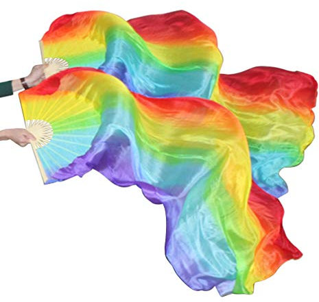 KIKIGOAL 1 Pair(Left+Right) Women Real Silk Belly Dance Fan Veil, Length 180cm Width 90cm (colorful)
