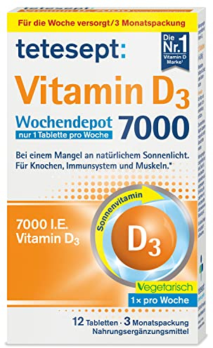 tetesept Vitamin D3 7000 Wochendepot – 1 x 12 Tabletten – Vitamin D Tabletten bei einem Mangel an natürlichem Sonnenlicht – Nahrungsergänzungsmittel für Knochen, Immunsystem & Muskeln
