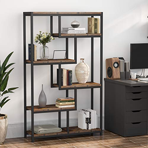 Tribesigns 5-Shelves Staggered Bookshelf, Industrial 70.8-inch Tall Bookshelf Bookcase for Home Office, Wood and Metal Etagere Bookcase Display Shelf Open Storage Organizer Shelves