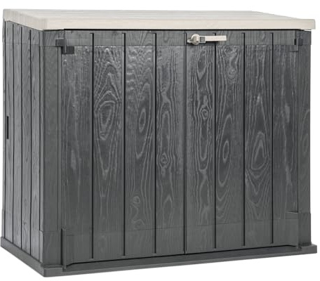 Toomax Storer Plus XL Baule 1270L portattrezzi giardino, 145x85x124,5h cm, effetto legno antracite/grigio tortora, porta bidoni spazzatura con coperchio assistito, resistente ai raggi UV, per esterni