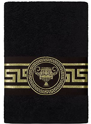 Belle Arti Premium Mäander lejon & amfore handdukar duschhanddukar gästhanddukar bastuhanddukar fluffig frotté bomull i vitt och svart (set om 2 – 100 x 150 cm, svart)