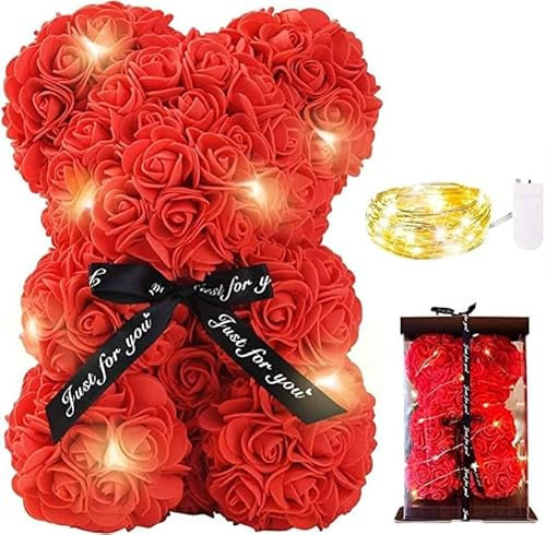 Meridiana - Orso di Rose Orsetto di Rose Orsacchiotto Altezza 25 cm Teddy Bear Idea Regalo Regali per Lei Fidanzata orso rose Rosse Compleanno Anniversario idee regalo San Valentino con LED (Rosso)
