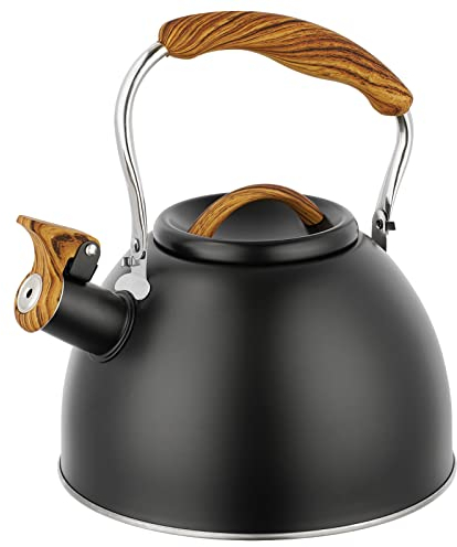 Stove Top Kettle, 3L Whistling Kettle, Stainless Steel Kitchen Teapot with Wood Handle, Whistling Tea Kettle for Gas Hob, Stovetop Kettle with Tall Whistle for Induction and Electric Hobs