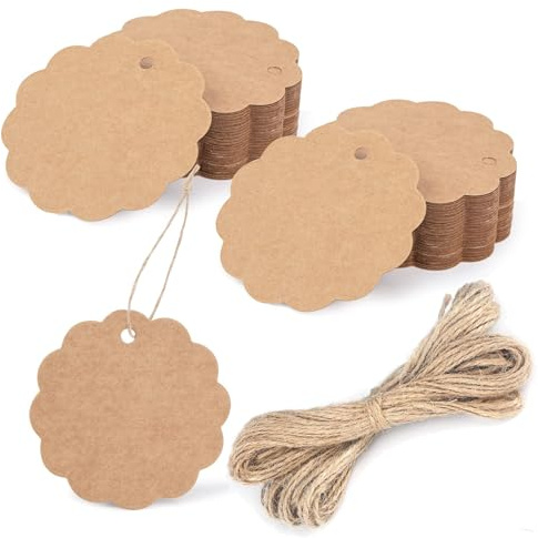 100 Pcs Etichette Carta Kraft, Etichette Regalo, 5.9x5.9 cm, con Corda di Iuta, per Tag Bomboniere, Natale Compleanno Bomboniere Artigianato