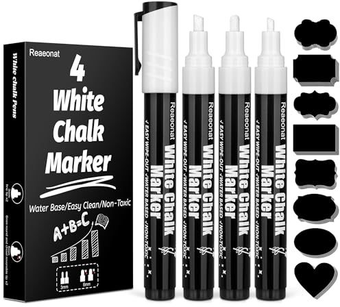 White Chalk Pens, 4 Pack Liquid Ink Chalk Markers Wipe Erasable Pen Set 3mm and 6mm Reversible Tip with 48 Jar Labels for Whiteboard, Blackboards, Windows, Glass, Chalkboards (Off White, Whit)