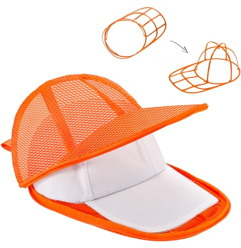 Lavar Gorras Lavadora de Béisbol, Plegable Soporte para Gorras y Funda de Malla con Cremallera para Evitar que las Gorras se Deformen, Bolsa Protectora Accesorios para Lavadoras, Naranja, 1 Pieza