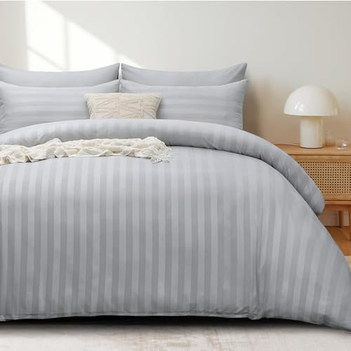Tifschlaf King Size Duvet Cover Sets - Satin Stripes Kingsize Bedding Set with 2 Pillowcases, Ultrasoft Reversible Quilt Bed Cover with Zipper Closure, Grey (230x220)
