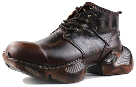 OSSTONE Retro Casual Motorcykel Sneakers Stövlar för Män Mode Snörning Läder Vintage Skor OS-5008-S-1-IT-R, Brun, 43 EU
