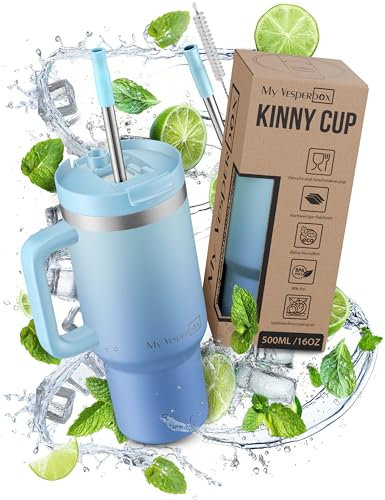 My Vesperbox Kinny Cup – Edelstahl Thermobecher mit Henkel & Strohhalm (500/950 / 1200 ml) – Isolierbecher To Go für Kaffee, Eis & Alltag – BPA-frei, Auslaufsicher, Spülmaschinenfest