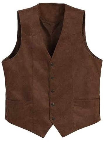 Acrawnni Men's V-Neck Suit Vest Button-up Western Cowboy Suit Vest Slim Fit Faux Suede Leather Dress Vests Waistcoat for Wedding