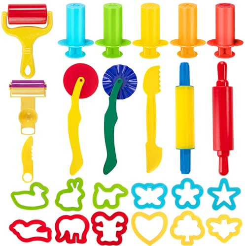 Jesustree Herramientas de Plastilina, 25 Piezas Herramientas Moldes Plastilina Modelar para Masa, Juegos de Play Dough Accesorios el Plastico de Arcilla, Extrusor, Rodillo, Regalos para Niños y Niñas