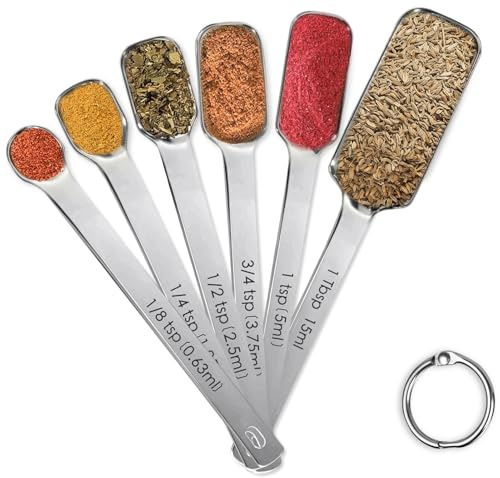 Stainless Steel Measuring Spoons Set of 6, Rectangular Metal Measuring Spoons for Dry & Liquid Ingredients, Compact Design for Narrow Spice Jars, Kitchen Gadgets for Baking & Cooking