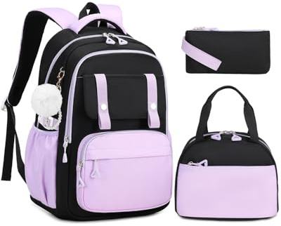 Amythe Mochila Escolar para Niña, Set de Mochila Colegio para Primaria y Secundaria con Bolsa de Almuerzo y Estuche para Lápices, Mochila Casual Ligera para Chicas 9 a 18 años, Violeta