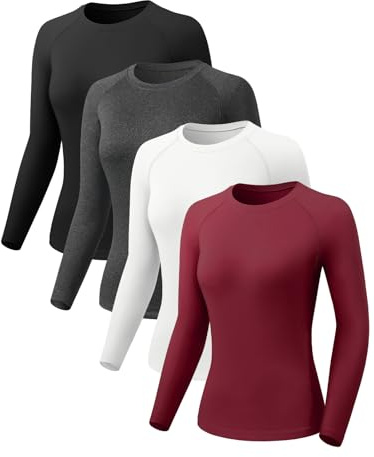 ATTIQOZI 4 Pack Langarmshirt Damen Schnelltrocknend Funktionsshirt Damen Kompressionsshirt Laufshirts, Atmungsaktiv Workout Fitness Oberteil Langarm Sportshirt Schwarz/Grau/Weiß/Dunkelrot M