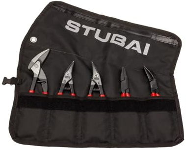 STUBAI Lot de 5 mini pinces | Sac enroulable | PVC – isolé | avec mini cisaille à tôle | Ciseaux à tôle droite et gauche | Pince pliante droite et courbée à 45° | Outil de pengueur professionnel