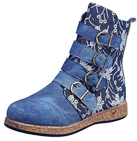 Generisch Bottines chaudes pour femme - Fermeture éclair - Keep Middle - Broderie - Rétro - Flat Round Toe Print - Fleurs - Bottes pour femme, bleu, 39 EU