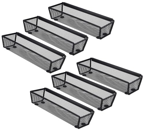 Funsuei 6 stycken 22,3 x 8 x 5,2 cm besticklådor i set, svarta metallrutnätslådor med halkskyddsmattor, lådorganisatör för kök och kontor