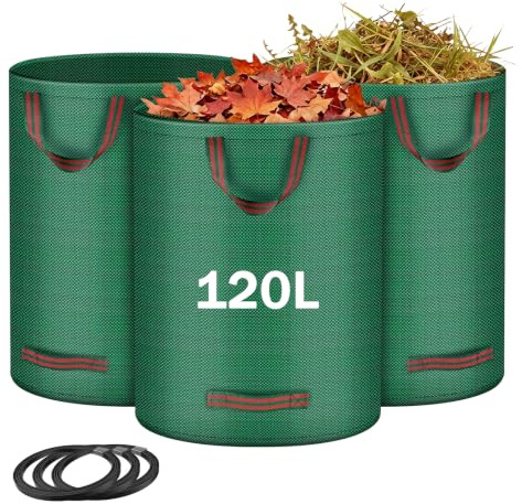 ANOMM 3-pack 120 L trädgårdsavfallspåsar, återanvändbara trädgårdssäckar med handtag