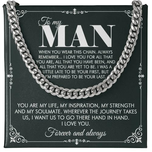 VIRAGIL To My Man Necklace for Men Cuban Link Chain Style, Durable Silver Chain Jewelry, Sentimental Gift for Husband or Partner from Someone Who Loves Him