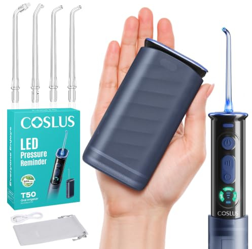 COSLUS T50 Portable Water Dental Flosser for Travel with Screen Display | Mini Cordless Dental Pick, Pressure Indicator Light, 9-Level for Braces, Gum Care, Rechargeable On-the-Go, IPX7, 240ml, Black