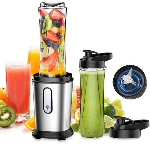 Batidora de Vaso, 500W Mini Portatil Batidora de Vaso Smoothies Individual con 2 Botellas de 600 ml de Plástico Tritan, Licuadora para Zumos, Batidos, Verduras, Frutas