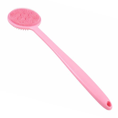 Rosa silikon ryggborste med långt handtag, dubbelsidig duschborste 38 cm, massage- och peelingborste för kropp och rygg, för kvinnor och män