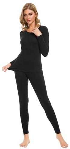 iWoo Thermal Underwear Womens Black Thin Pants Long Sleeve Bottoms Tops Baselayer Set Ladies Thermal Base Layer Leggings Manufacturer Size 5, (UK Size: XL, Black)