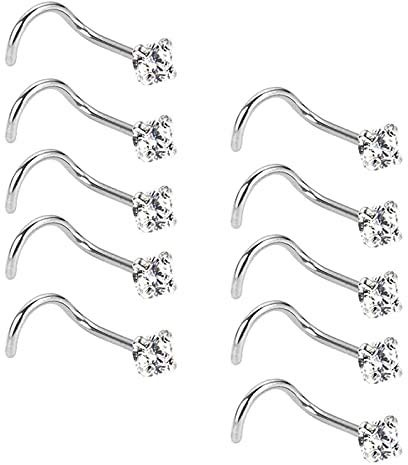 Liuxn 20 Gauge 10 Pieces inless Steel Nose Screw Curved Nose Studs Nose Cubic Zirconia Body Piercing Jewellery