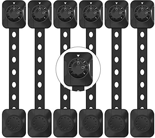 REDTRON Kindersicherung Schrank, 6er Pack Verstellbare Schranksicherung Baby, Baby Sicherung für Schubladen, Kühlschrank, Toilettensitz, mit Doppeltem Schlossdesign, Nein Bohren erforderlich, Schwarz