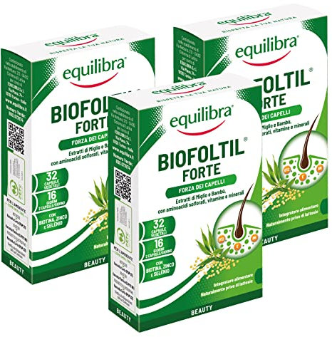 Equilibra Integratori Alimentari, Biofoltil Forte, Integratore per il Benessere di Capelli e Unghie, a Base di Zinco, Selenio e Rame, con Ortica, Miglio e Bambù, 3 Pezzi da 32 Capsule